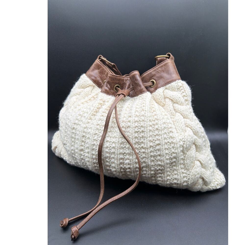 Patrice by Paglieri Wool Knit Leather Drawstring Bag Ivory Boho Shoulder Purse